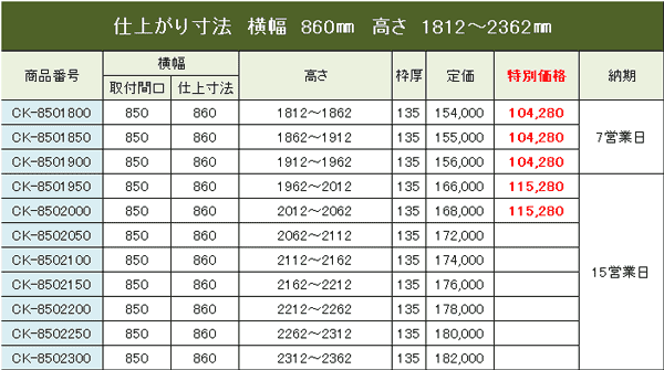改訂版幅850用フラップ工事費込戸建用価格表